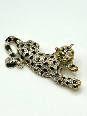Vintage Leopard Panther Brooch Gold Tone Rhinestone Black Enamel Statement Pin